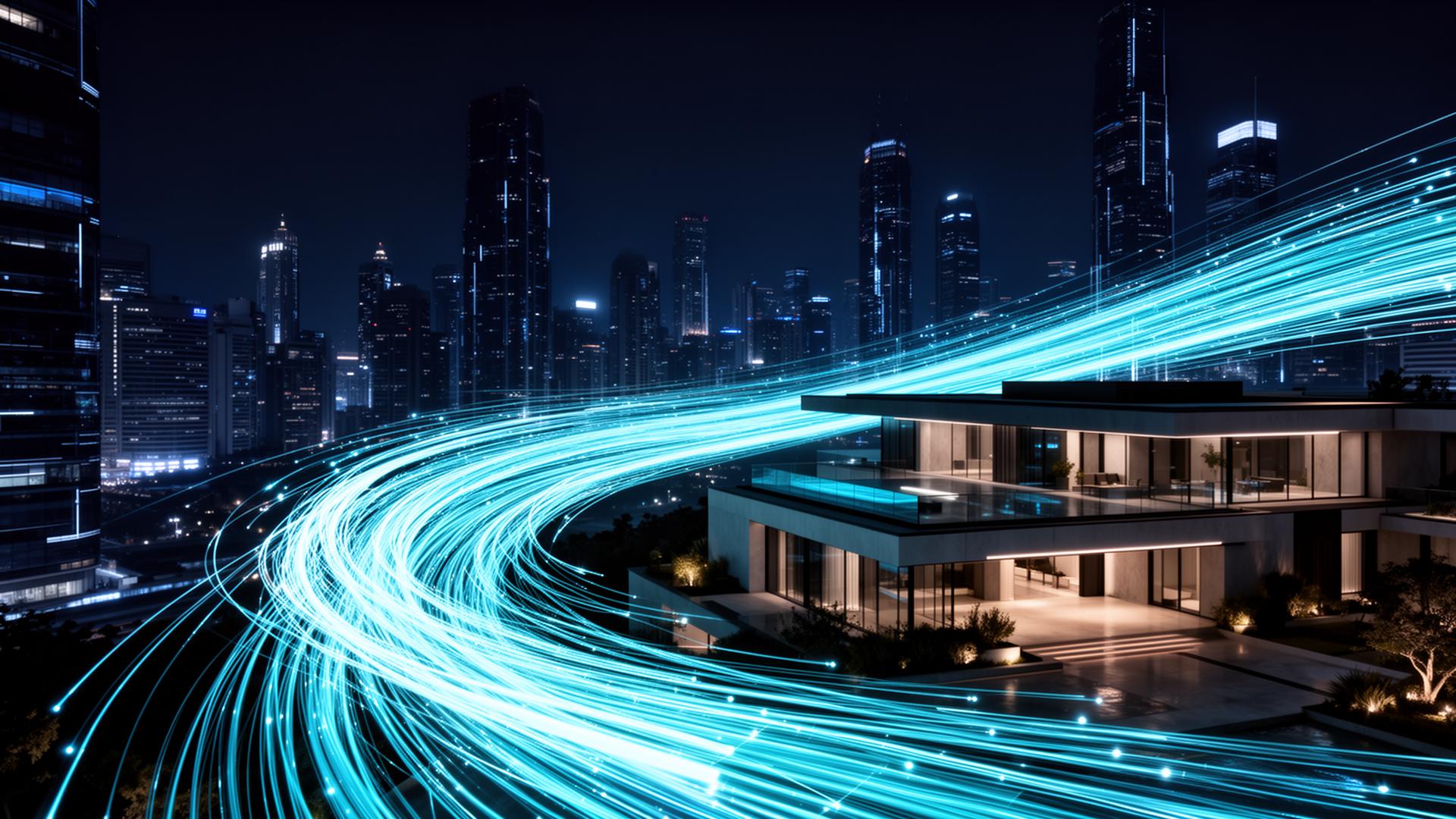 Fiber optic light streaks over a modern city and home